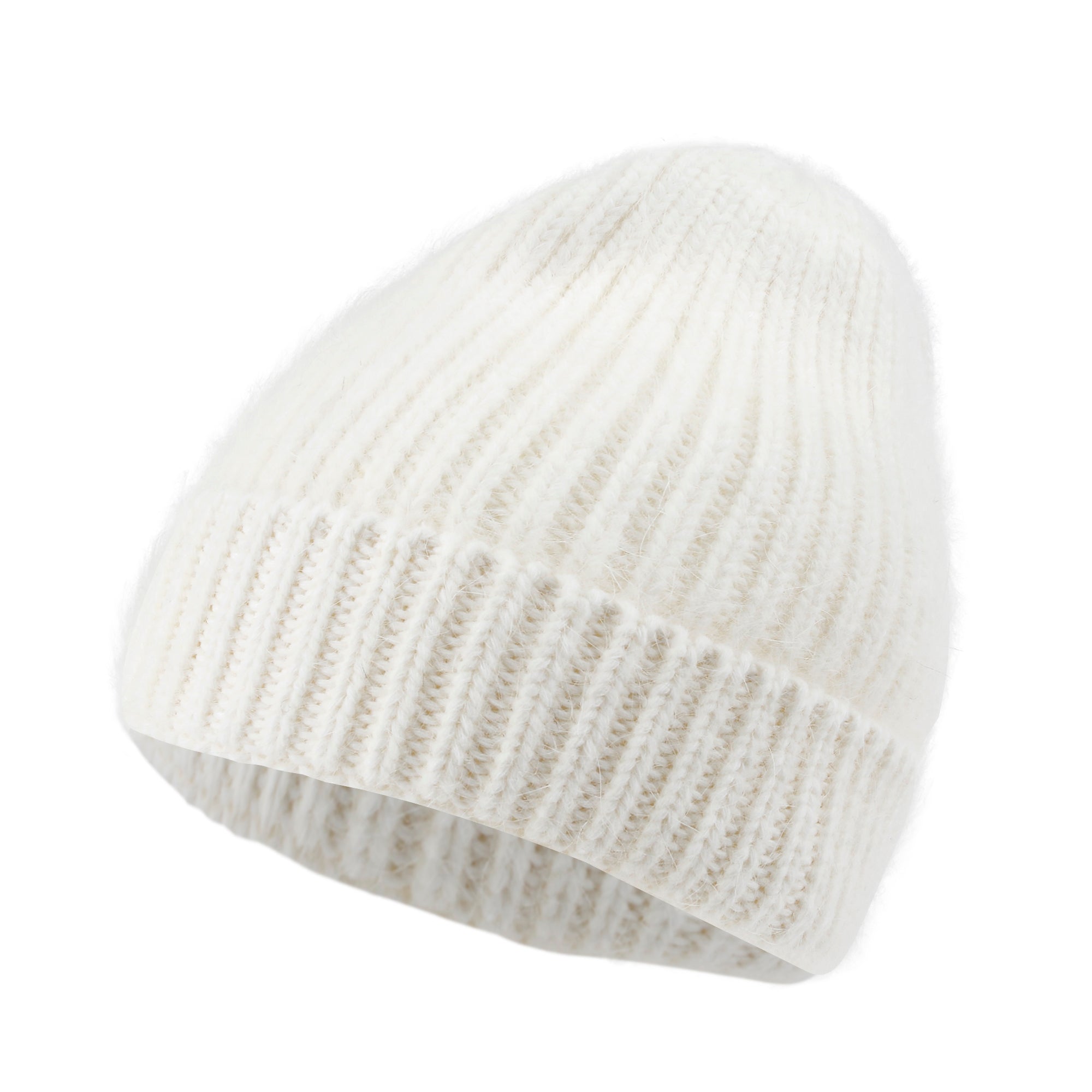 Angora Blended Color Fold Over Short Beanie Ribbed Knit Winter Hat
