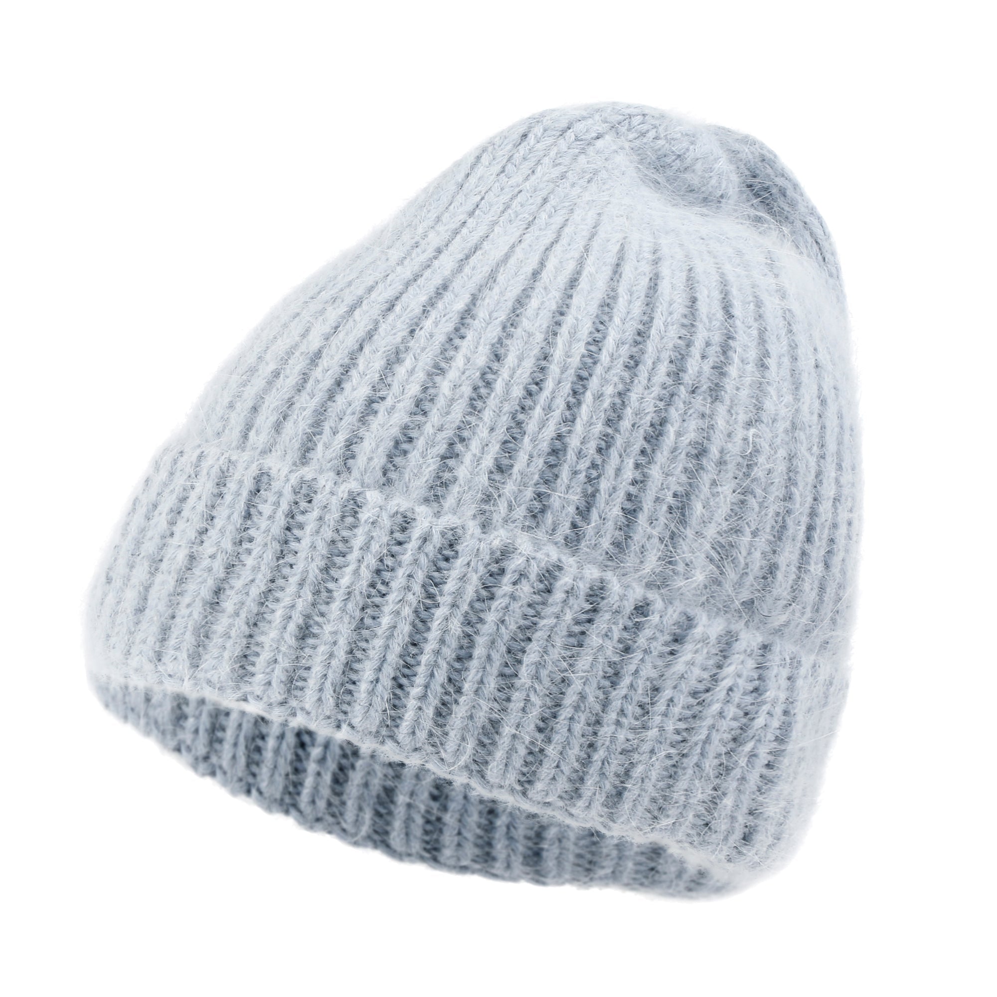 Angora Blended Color Fold Over Short Beanie Ribbed Knit Winter Hat
