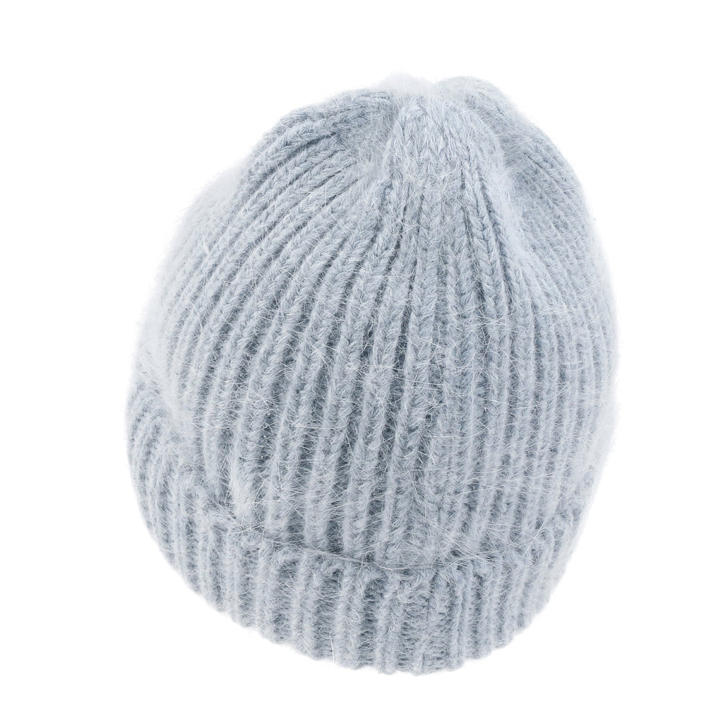 Angora Blended Color Fold Over Short Beanie Ribbed Knit Winter Hat
