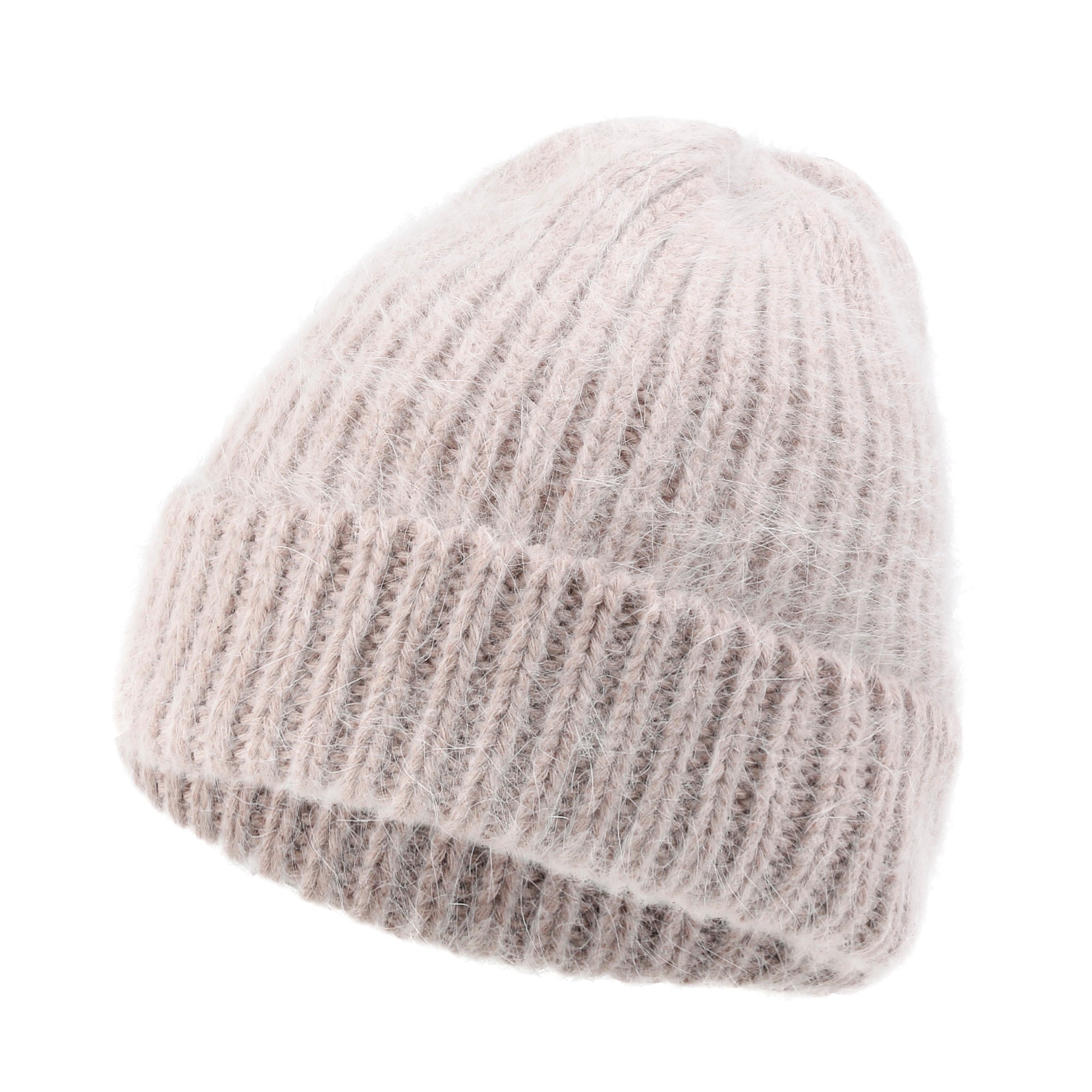 Angora Blended Color Fold Over Short Beanie Ribbed Knit Winter Hat