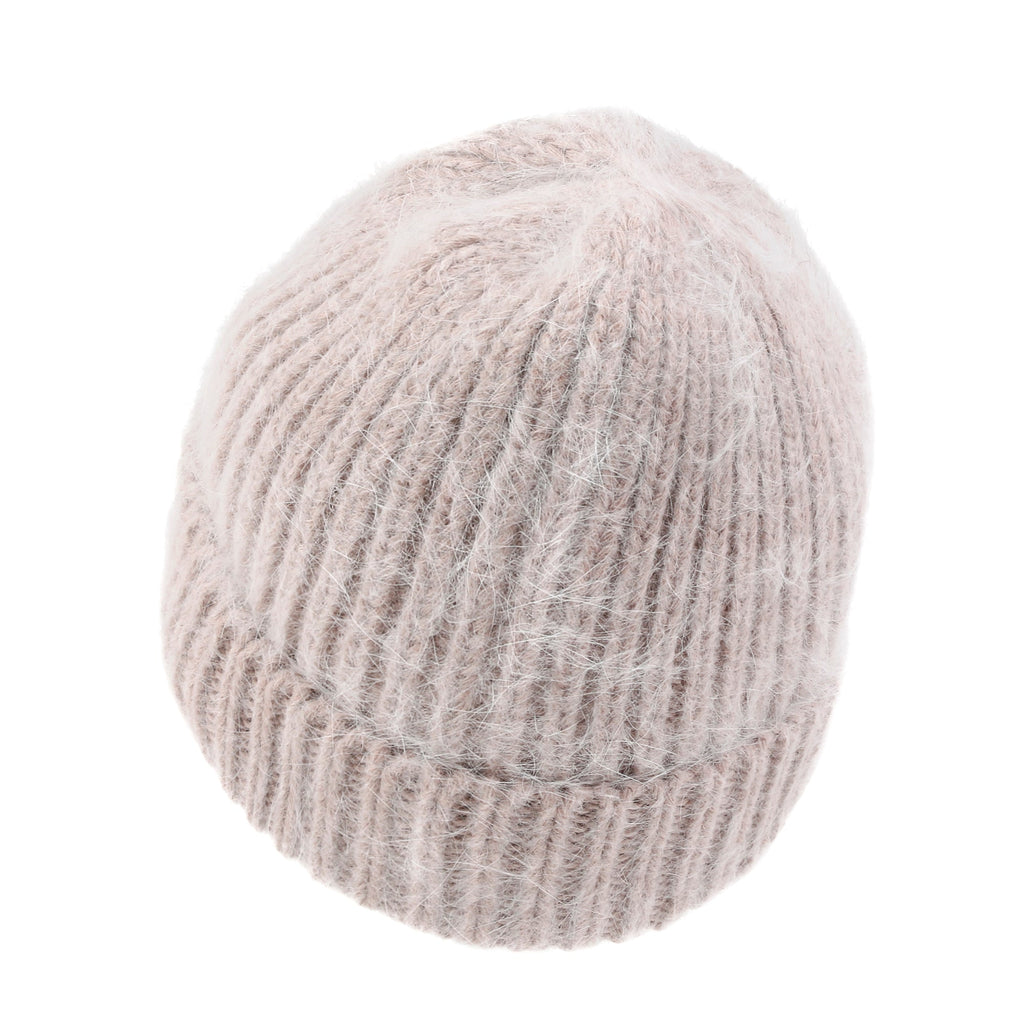 Angora Blended Color Fold Over Short Beanie Ribbed Knit Winter Hat