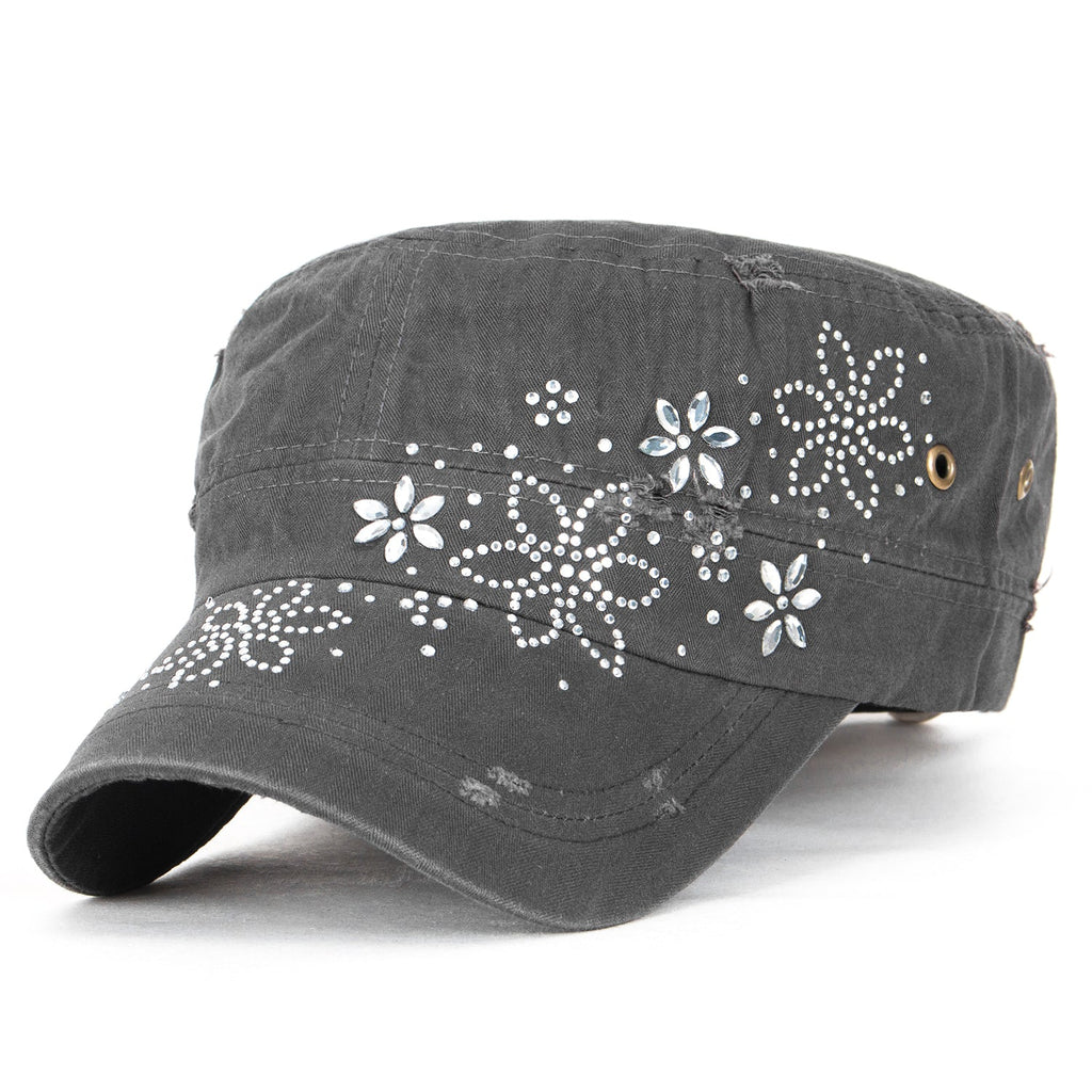 Crystal Gemstone Stud Flower Vintage Cotton Military Army Hat Cadet Cap