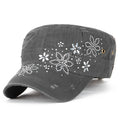 Crystal Gemstone Stud Flower Vintage Cotton Military Army Hat Cadet Cap