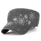 Crystal Gemstone Stud Flower Vintage Cotton Military Army Hat Cadet Cap