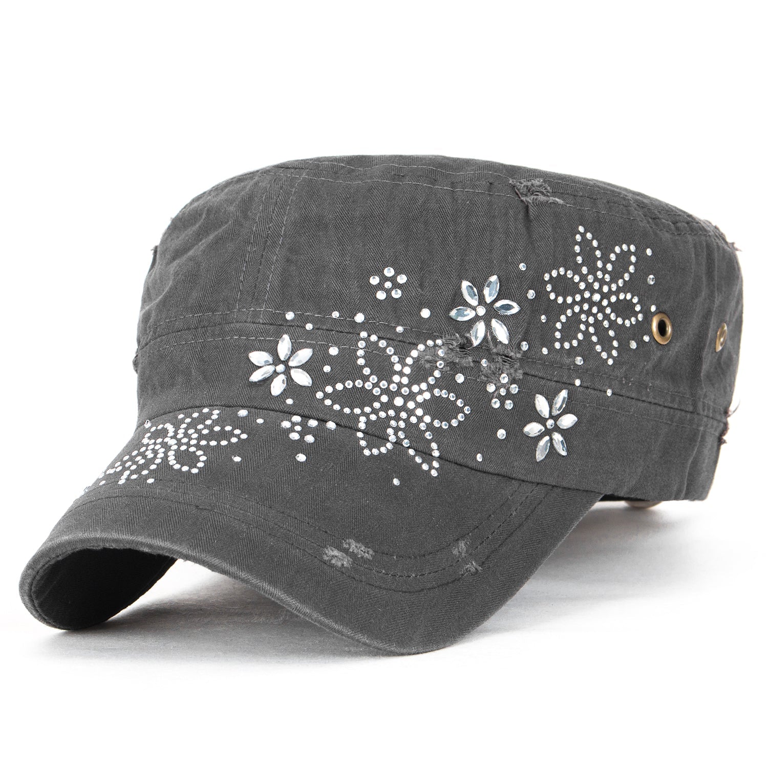 Crystal Gemstone Stud Flower Vintage Cotton Military Army Hat Cadet Cap