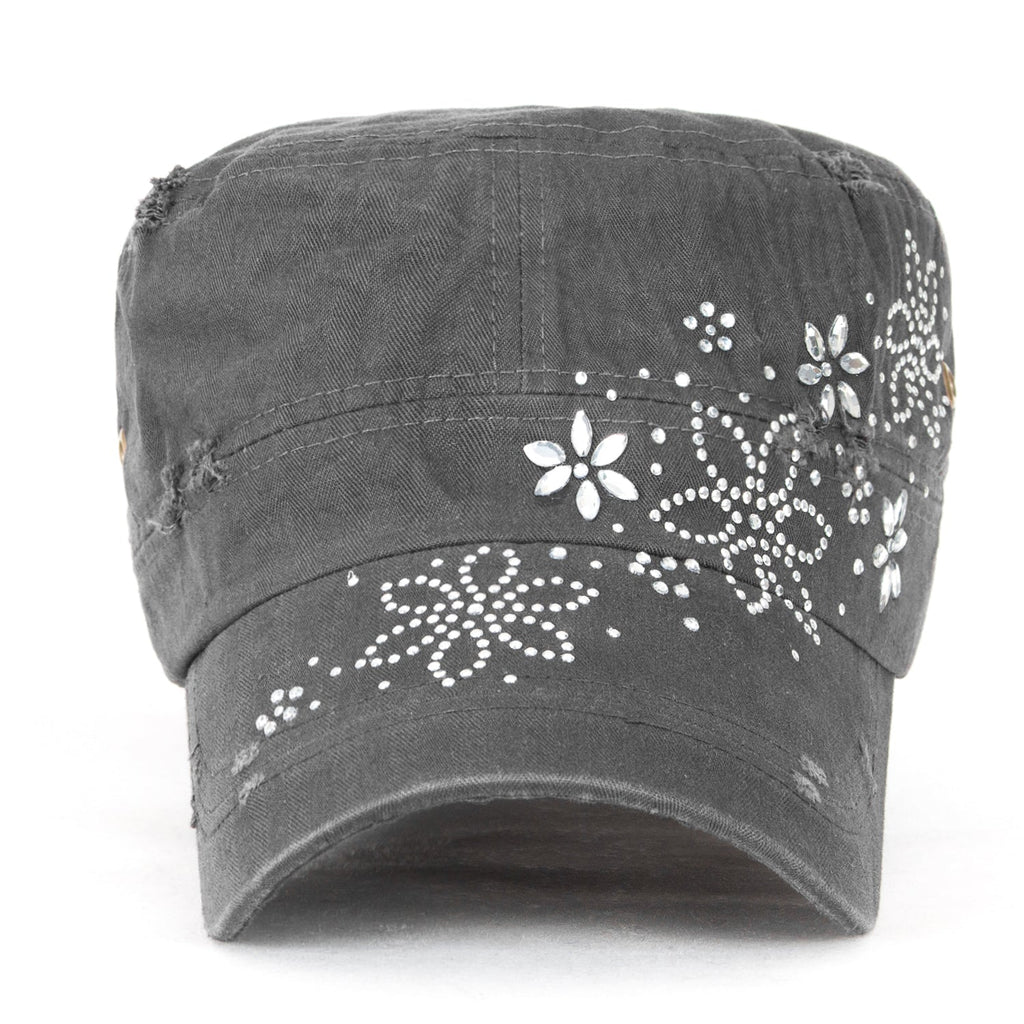 Crystal Gemstone Stud Flower Vintage Cotton Military Army Hat Cadet Cap