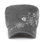 Crystal Gemstone Stud Flower Vintage Cotton Military Army Hat Cadet Cap