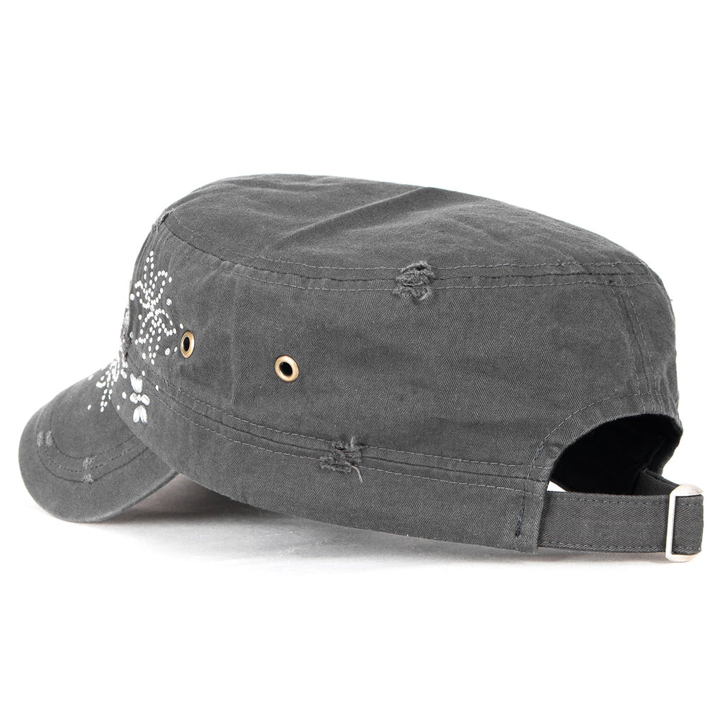 Crystal Gemstone Stud Flower Vintage Cotton Military Army Hat Cadet Cap