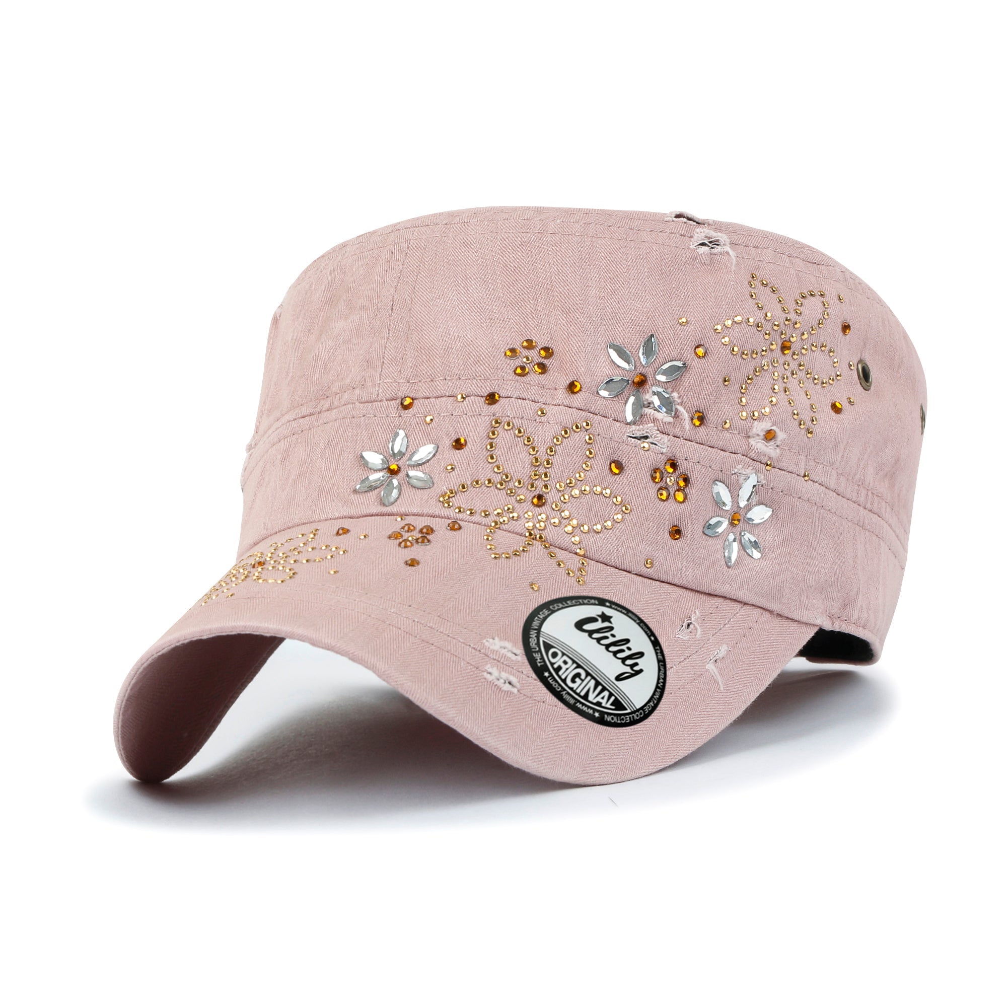 Crystal Gemstone Stud Flower Vintage Cotton Military Army Hat Cadet Cap