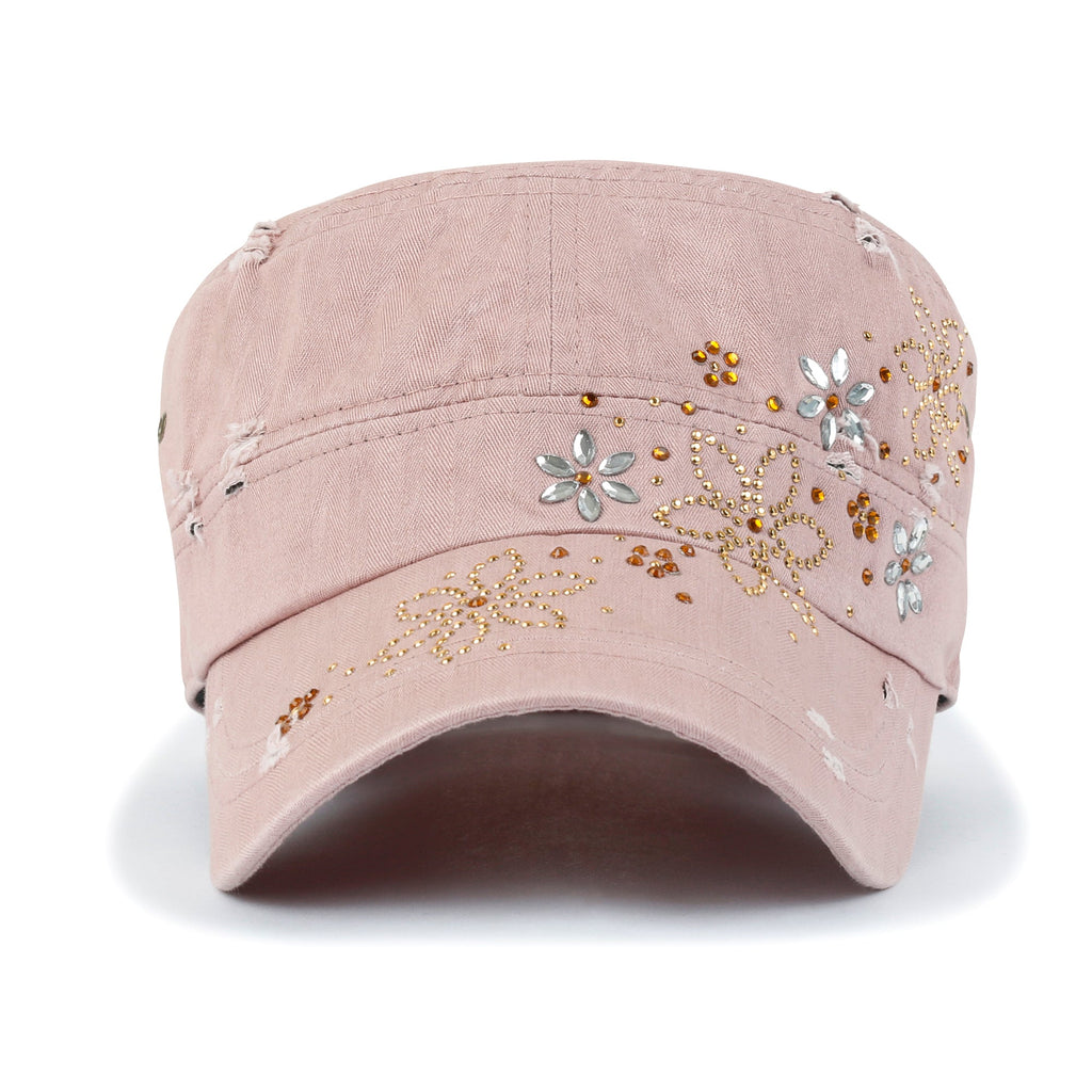 Crystal Gemstone Stud Flower Vintage Cotton Military Army Hat Cadet Cap