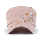 Crystal Gemstone Stud Flower Vintage Cotton Military Army Hat Cadet Cap