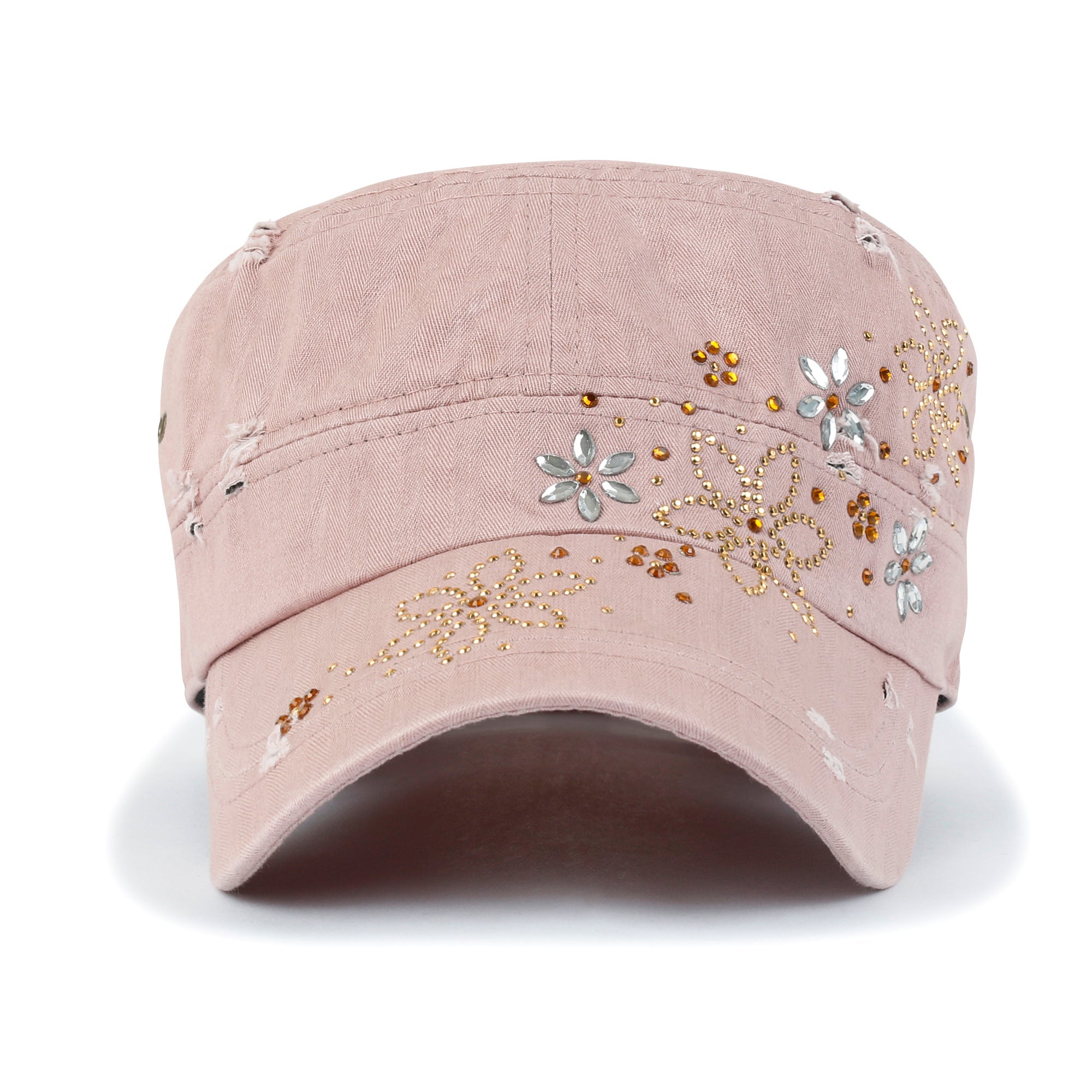 Crystal Gemstone Stud Flower Vintage Cotton Military Army Hat Cadet Cap