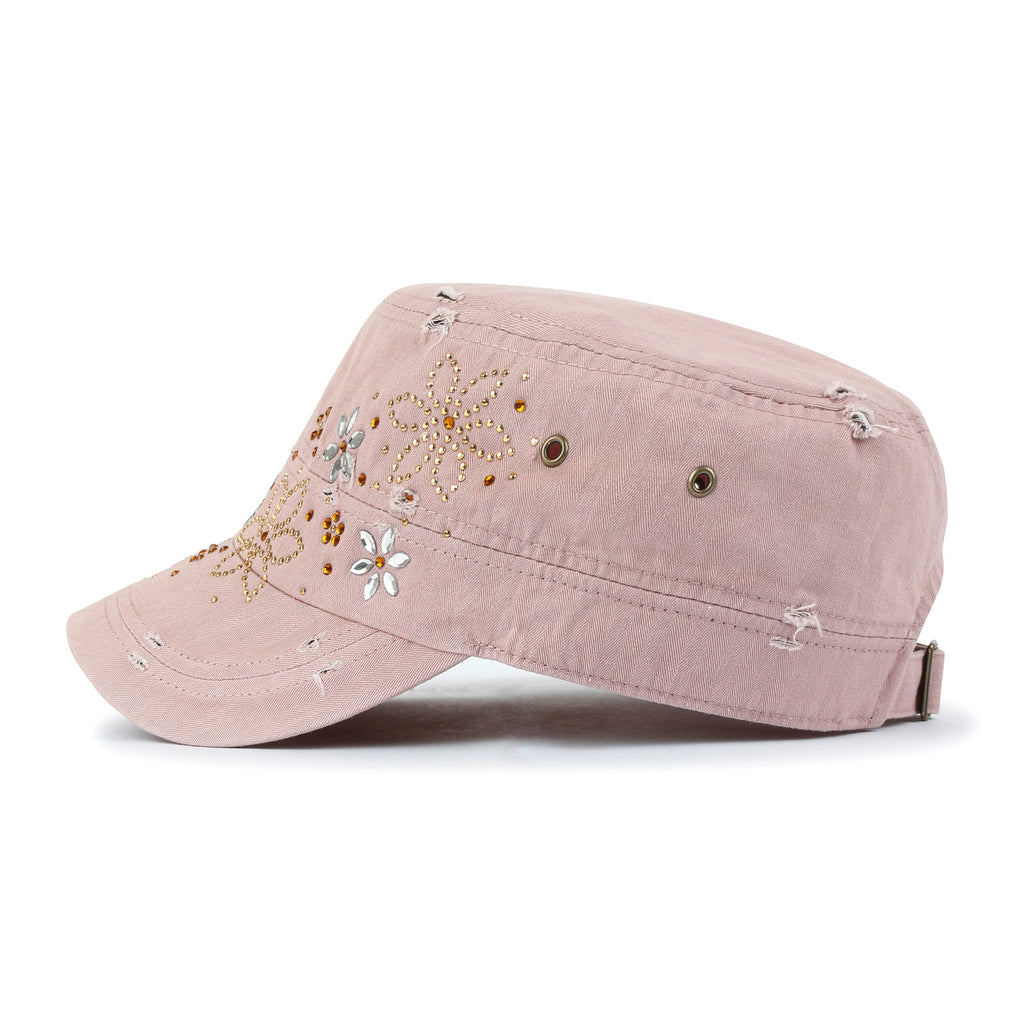 Crystal Gemstone Stud Flower Vintage Cotton Military Army Hat Cadet Cap