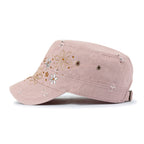 Crystal Gemstone Stud Flower Vintage Cotton Military Army Hat Cadet Cap