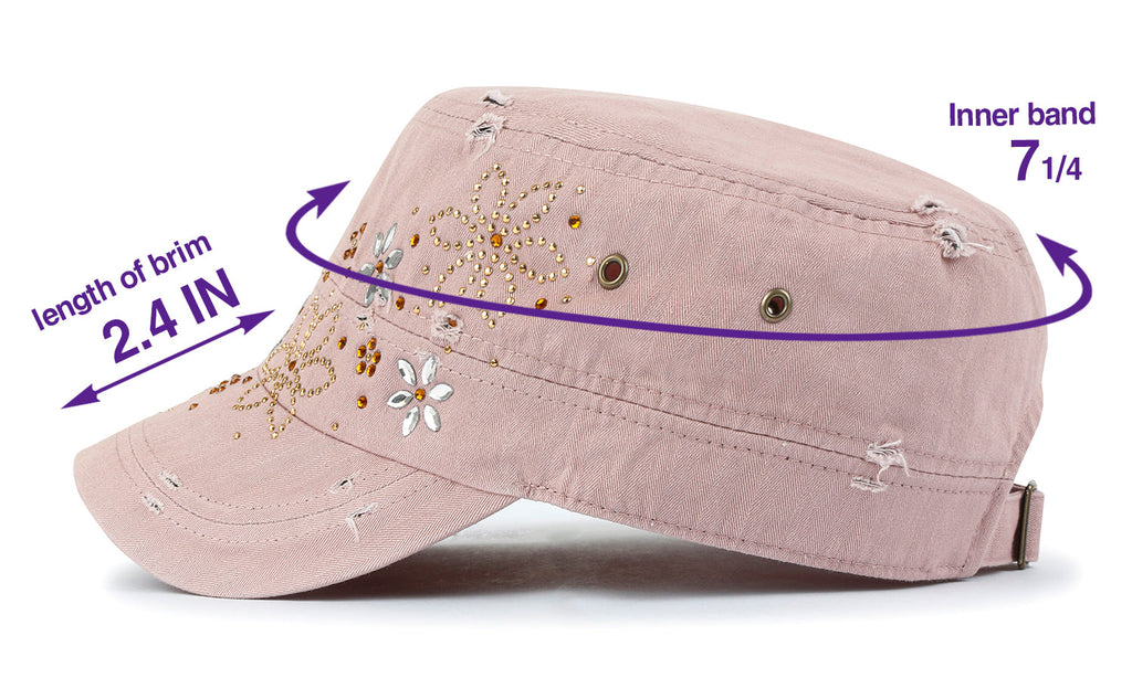 Crystal Gemstone Stud Flower Vintage Cotton Military Army Hat Cadet Cap