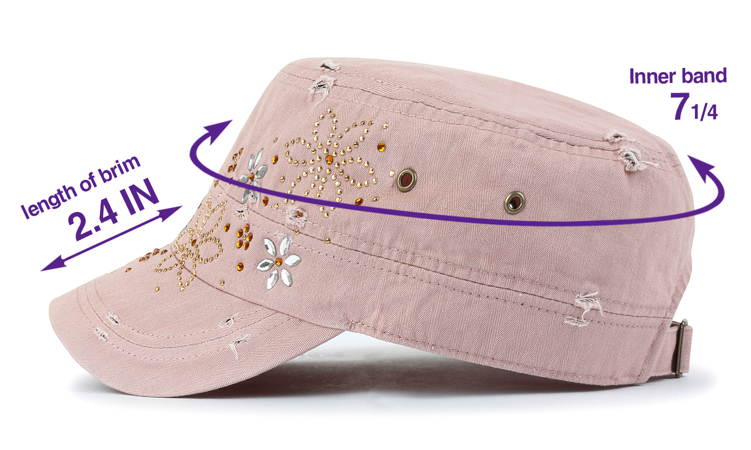 Crystal Gemstone Stud Flower Vintage Cotton Military Army Hat Cadet Cap