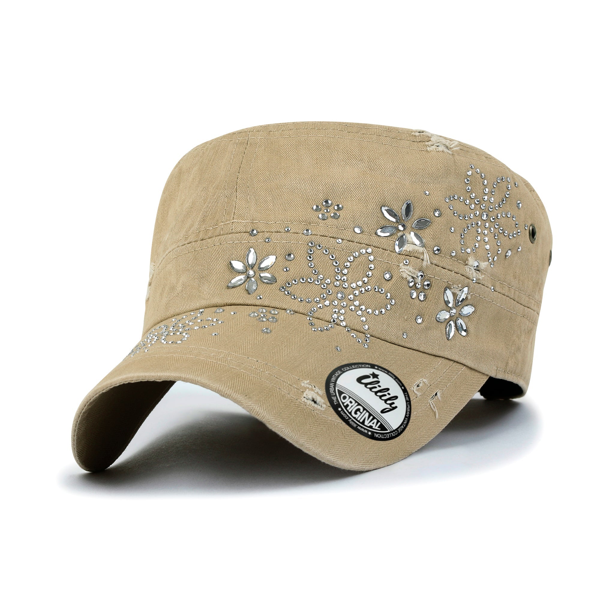 Crystal Gemstone Stud Flower Vintage Cotton Military Army Hat Cadet Cap
