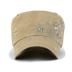 Crystal Gemstone Stud Flower Vintage Cotton Military Army Hat Cadet Cap