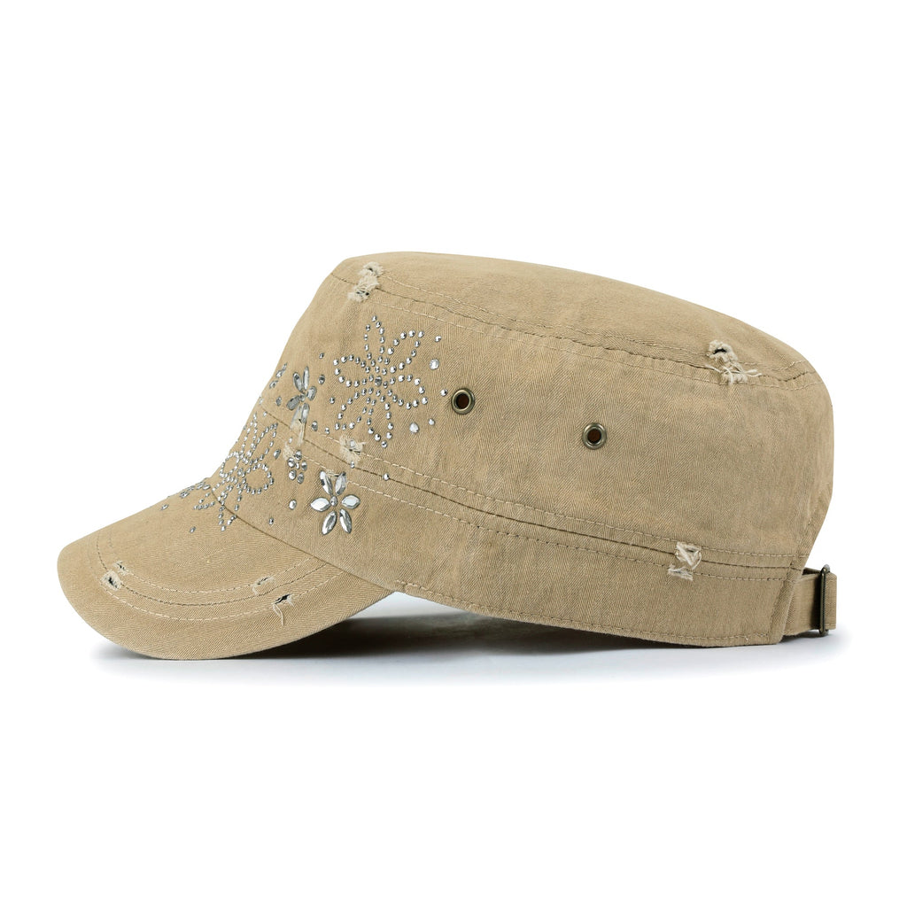Crystal Gemstone Stud Flower Vintage Cotton Military Army Hat Cadet Cap