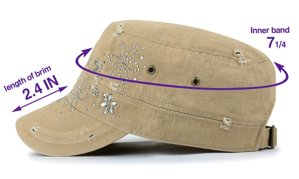 Crystal Gemstone Stud Flower Vintage Cotton Military Army Hat Cadet Cap