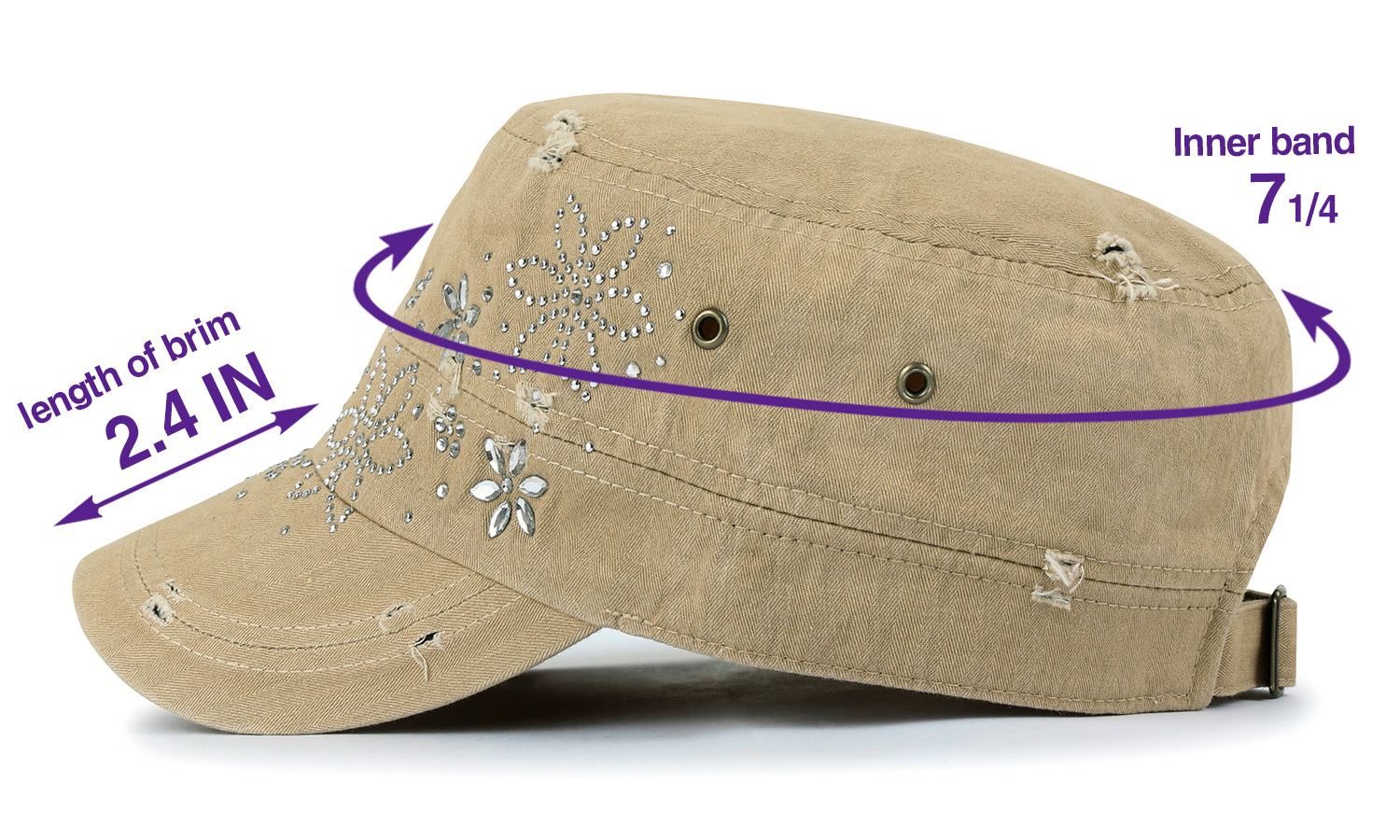 Crystal Gemstone Stud Flower Vintage Cotton Military Army Hat Cadet Cap