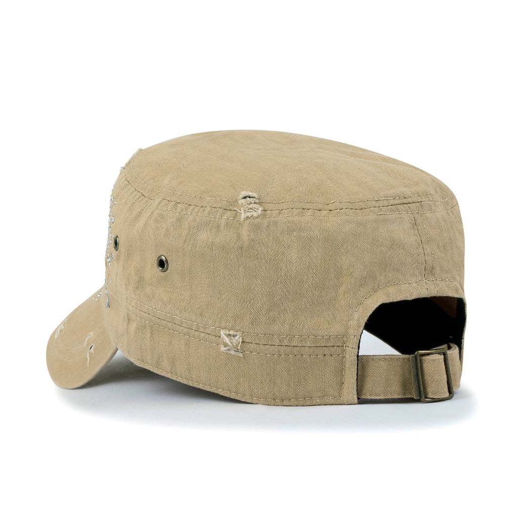 Crystal Gemstone Stud Flower Vintage Cotton Military Army Hat Cadet Cap