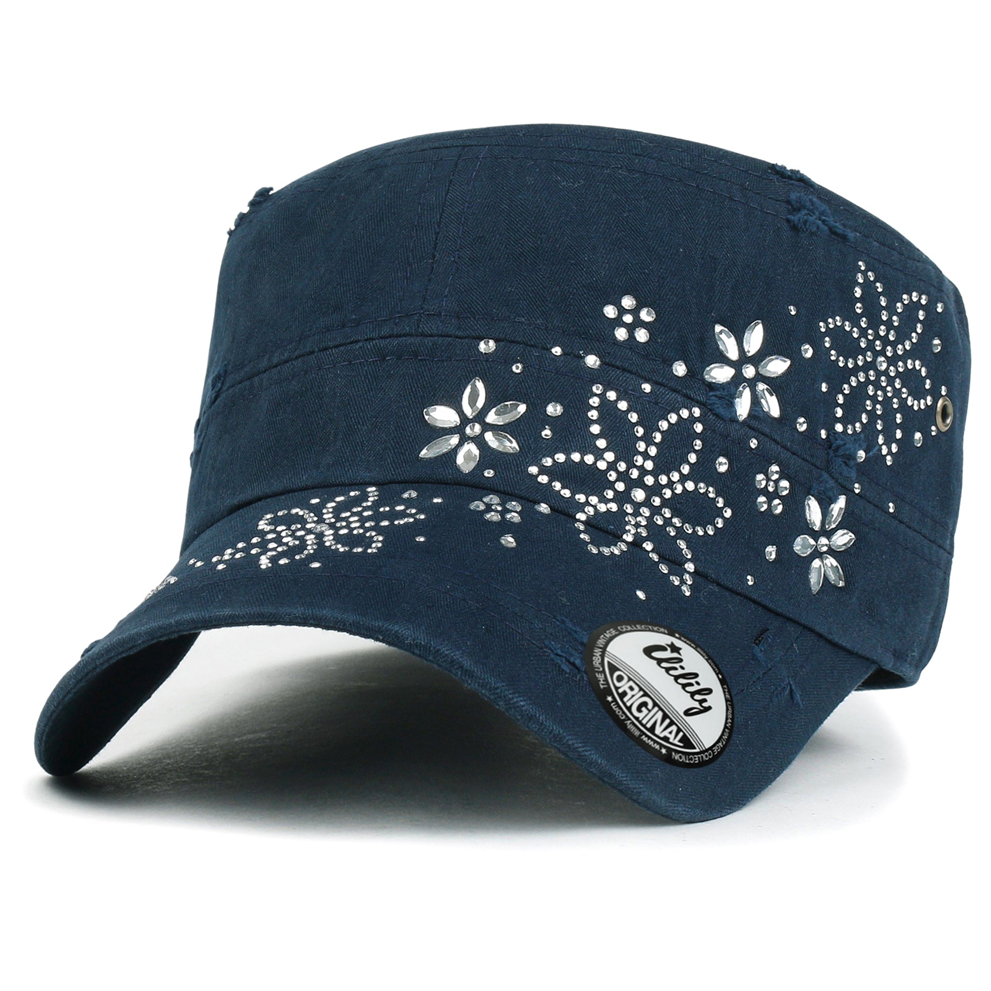 Crystal Gemstone Stud Flower Vintage Cotton Military Army Hat Cadet Cap