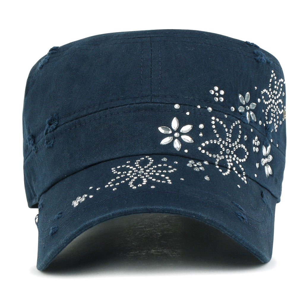 Crystal Gemstone Stud Flower Vintage Cotton Military Army Hat Cadet Cap