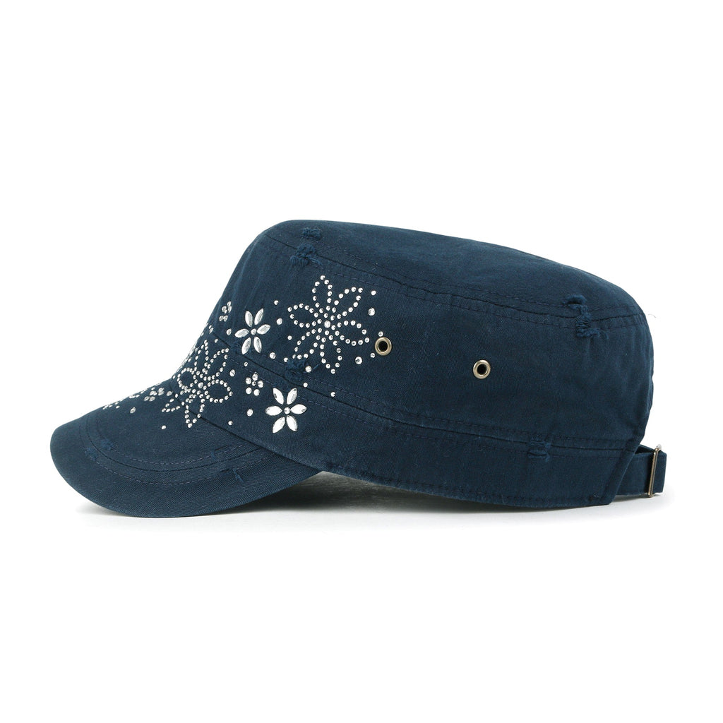 Crystal Gemstone Stud Flower Vintage Cotton Military Army Hat Cadet Cap