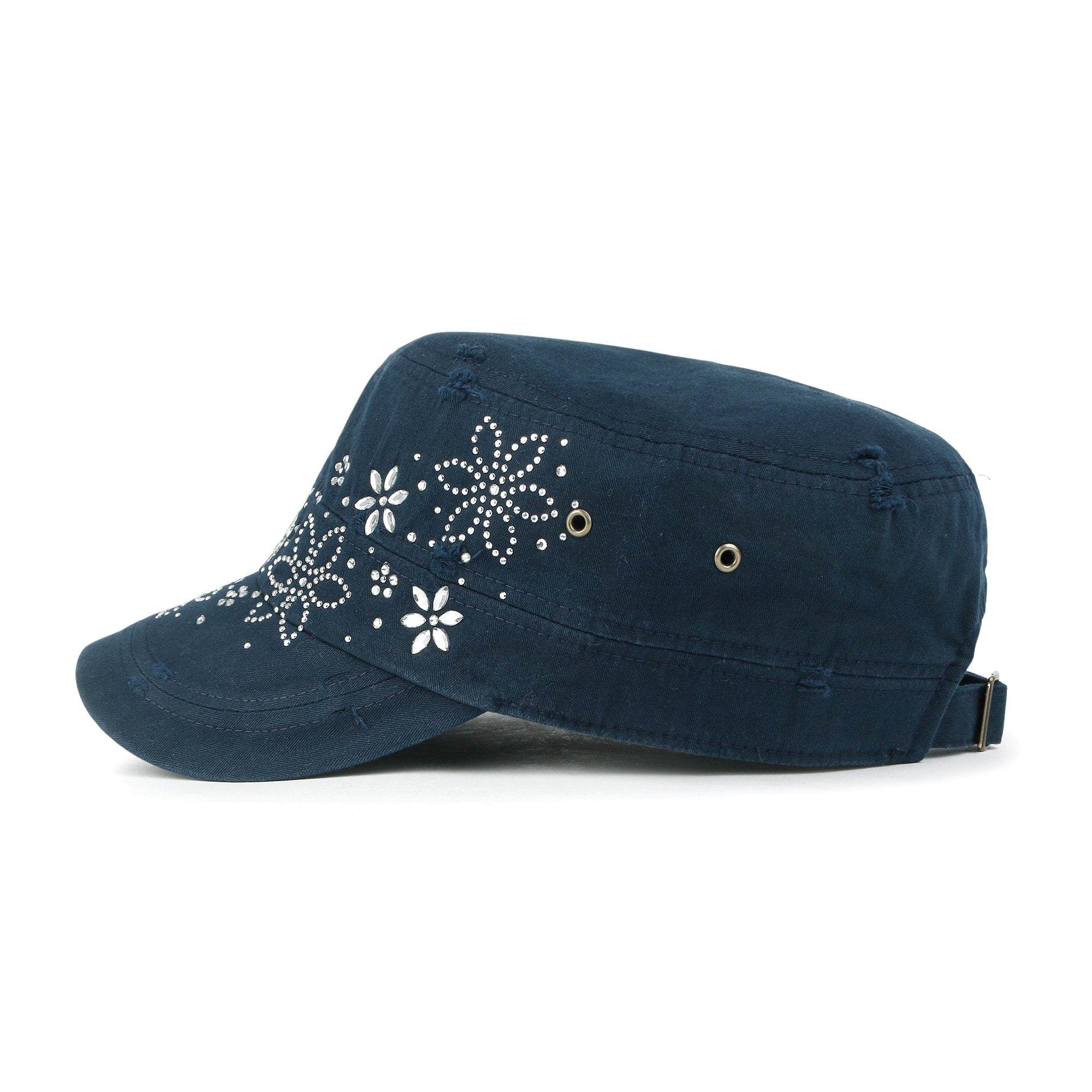 Crystal Gemstone Stud Flower Vintage Cotton Military Army Hat Cadet Cap