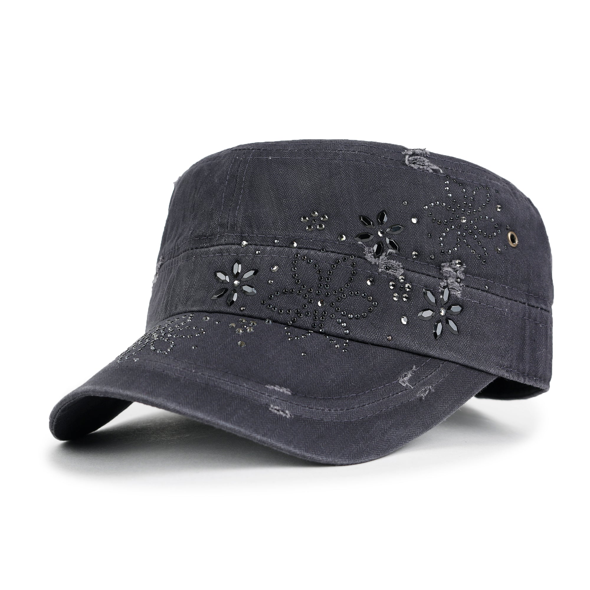 Crystal Gemstone Stud Flower Vintage Cotton Military Army Hat Cadet Cap