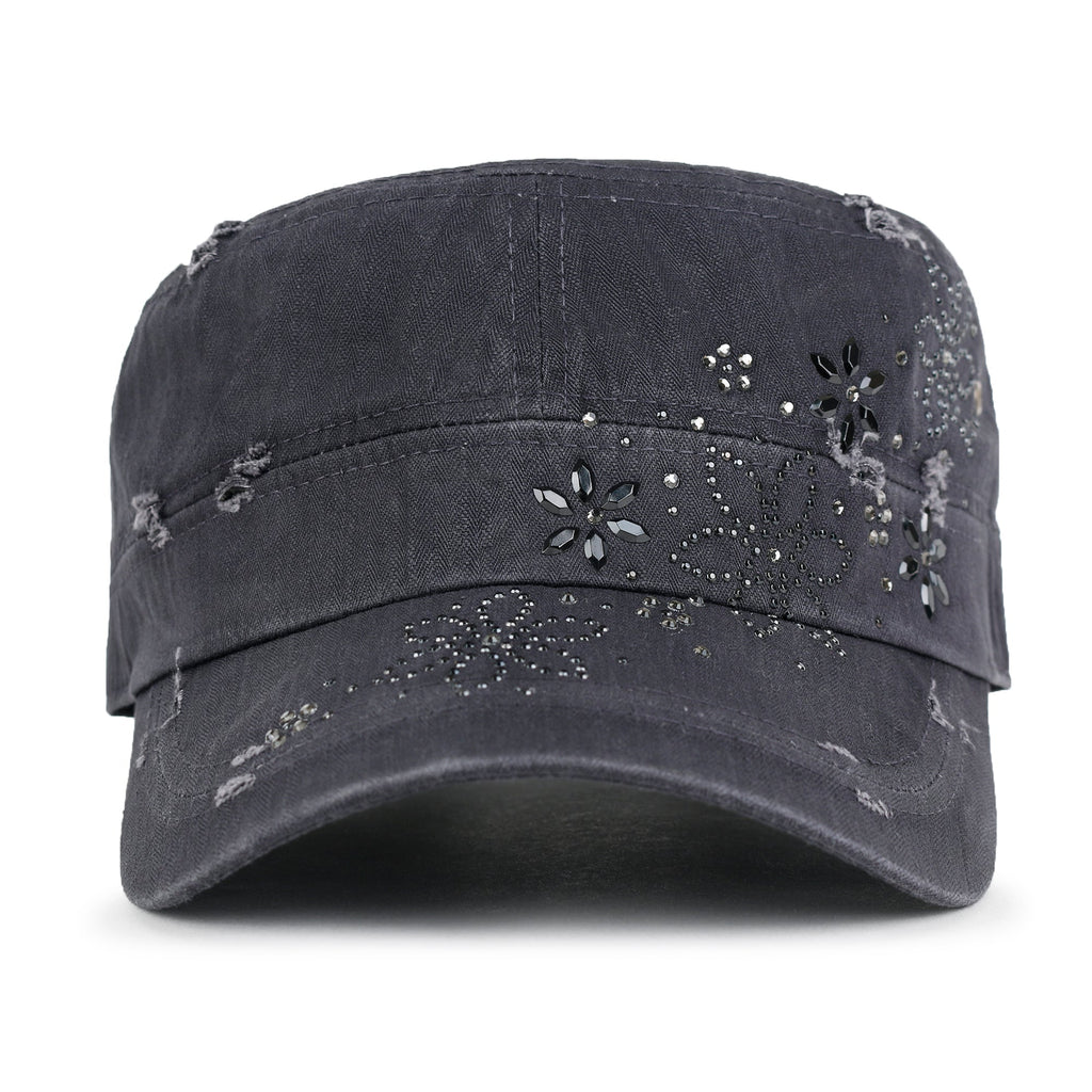 Crystal Gemstone Stud Flower Vintage Cotton Military Army Hat Cadet Cap