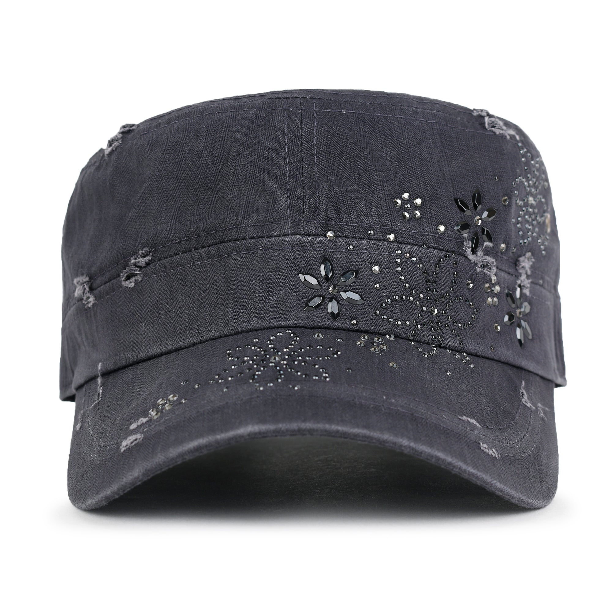 Crystal Gemstone Stud Flower Vintage Cotton Military Army Hat Cadet Cap