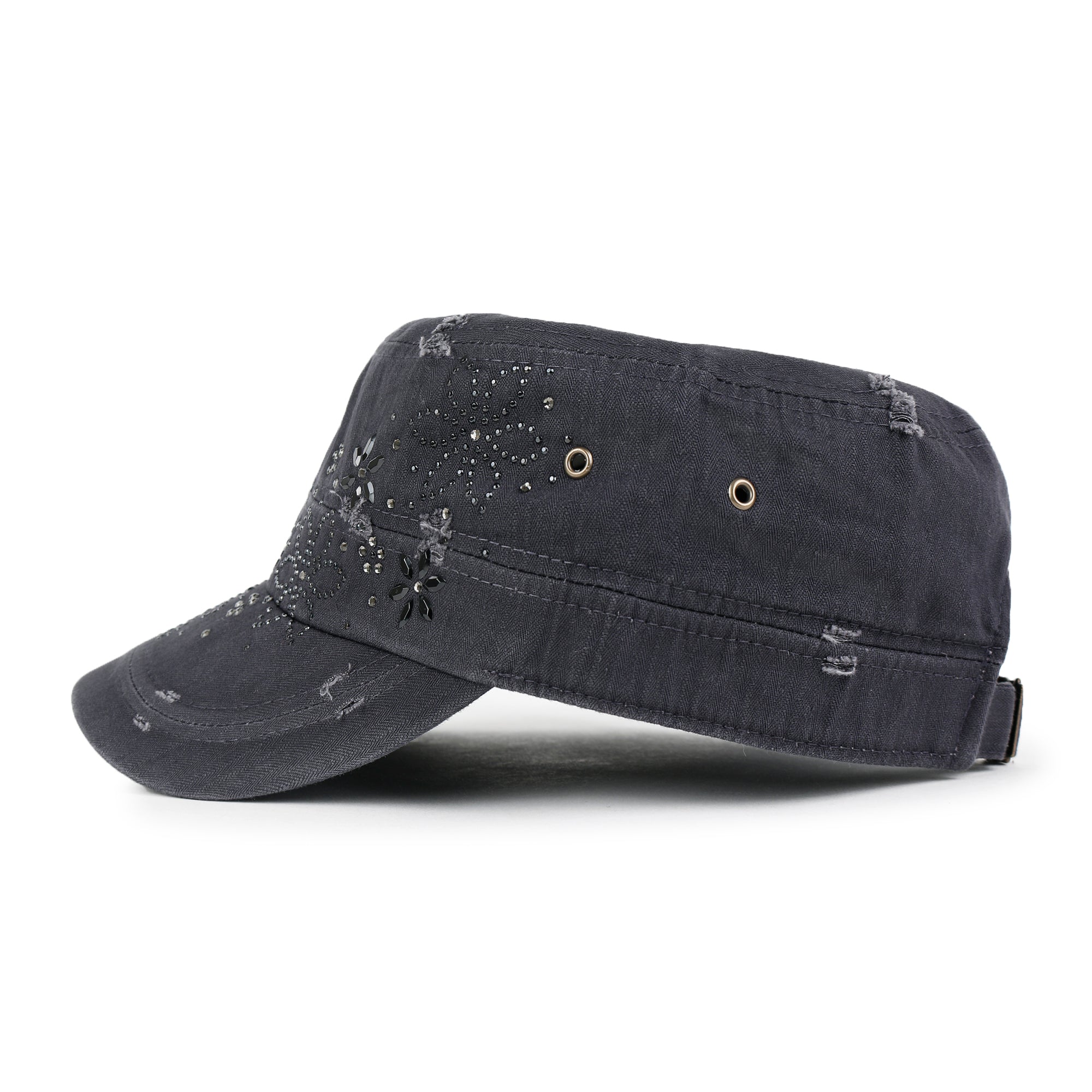 Crystal Gemstone Stud Flower Vintage Cotton Military Army Hat Cadet Cap