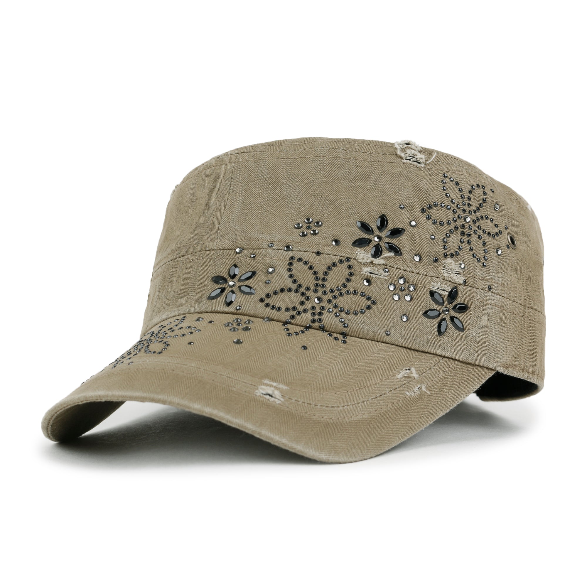Crystal Gemstone Stud Flower Vintage Cotton Military Army Hat Cadet Cap