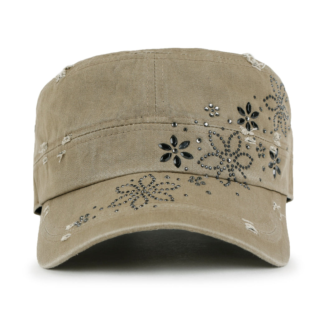 Crystal Gemstone Stud Flower Vintage Cotton Military Army Hat Cadet Cap