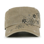 Crystal Gemstone Stud Flower Vintage Cotton Military Army Hat Cadet Cap