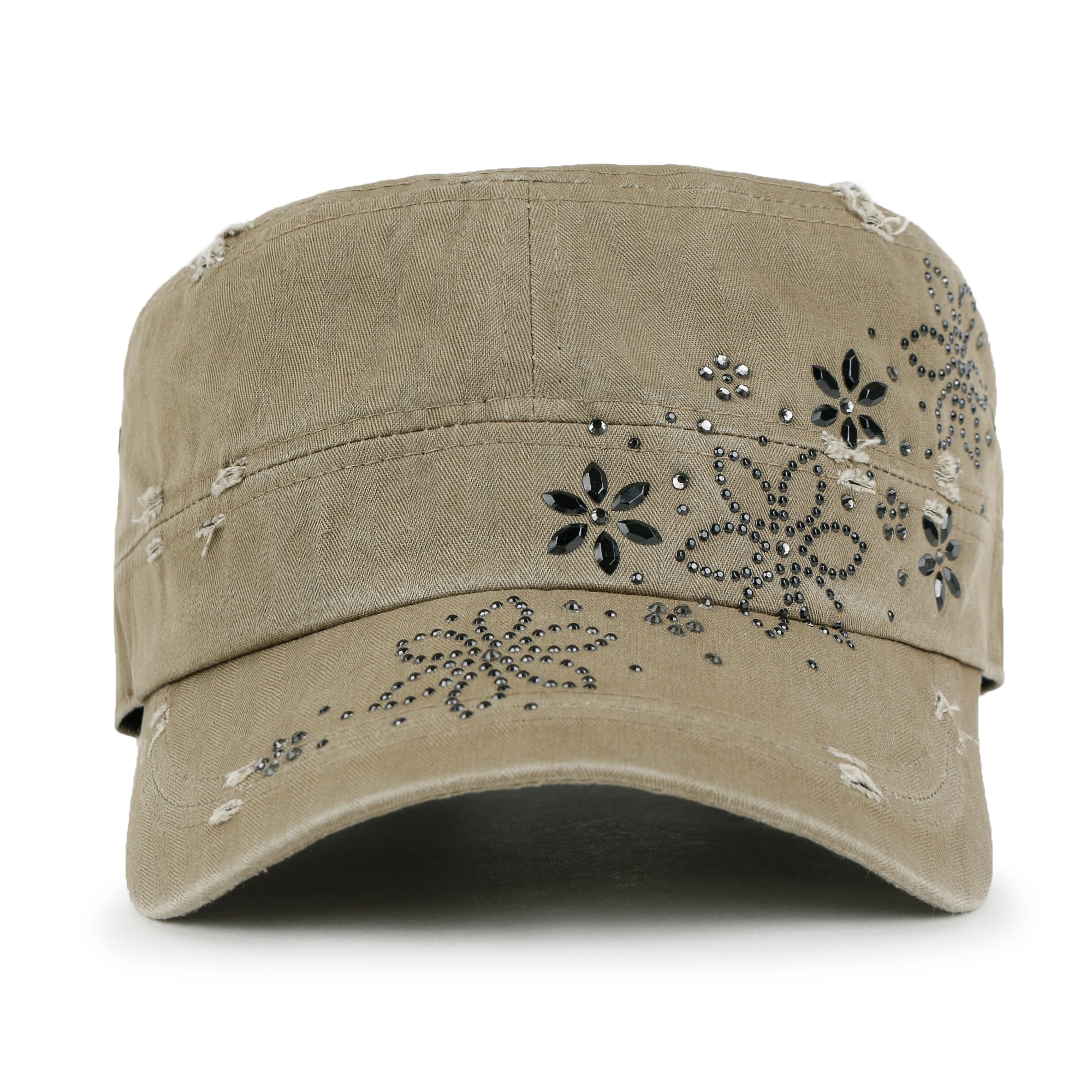 Crystal Gemstone Stud Flower Vintage Cotton Military Army Hat Cadet Cap