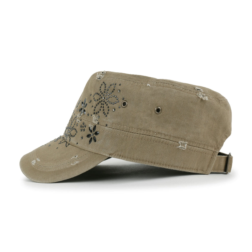 Crystal Gemstone Stud Flower Vintage Cotton Military Army Hat Cadet Cap