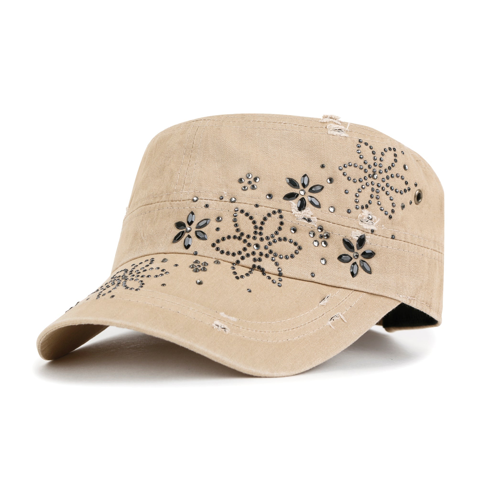Crystal Gemstone Stud Flower Vintage Cotton Military Army Hat Cadet Cap