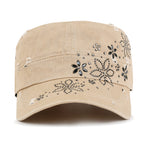 Crystal Gemstone Stud Flower Vintage Cotton Military Army Hat Cadet Cap