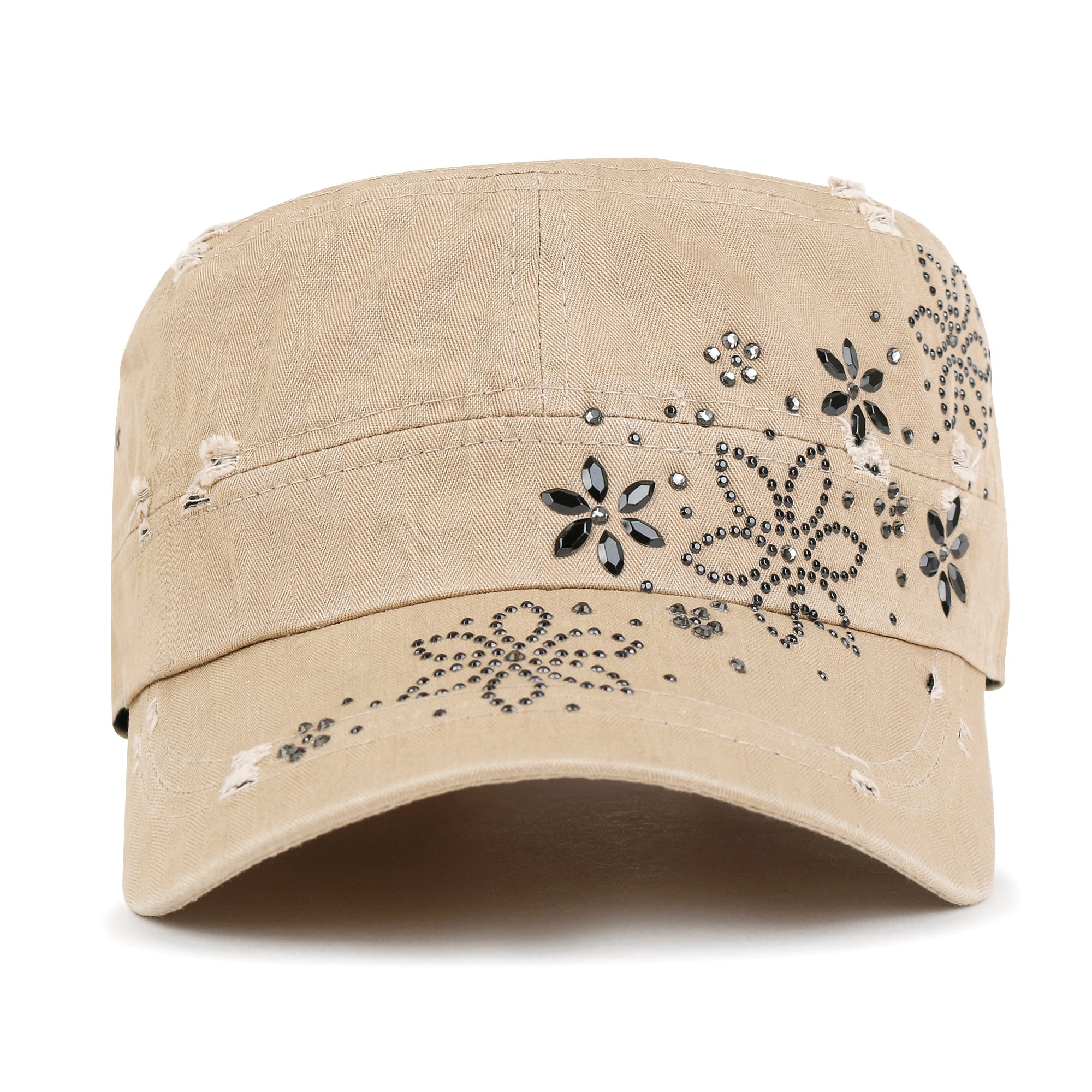 Crystal Gemstone Stud Flower Vintage Cotton Military Army Hat Cadet Cap