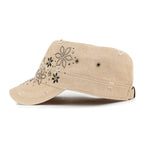 Crystal Gemstone Stud Flower Vintage Cotton Military Army Hat Cadet Cap