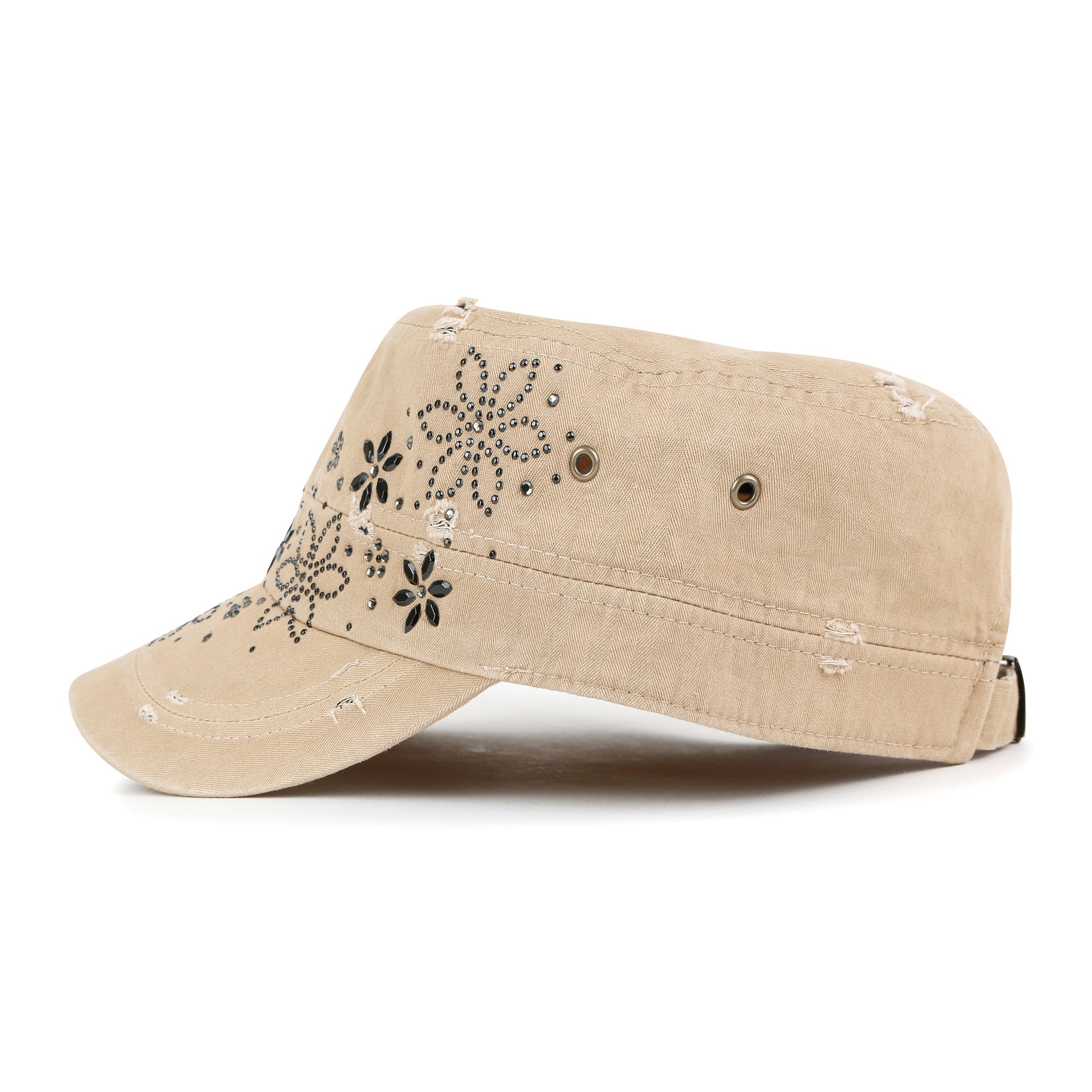 Crystal Gemstone Stud Flower Vintage Cotton Military Army Hat Cadet Cap