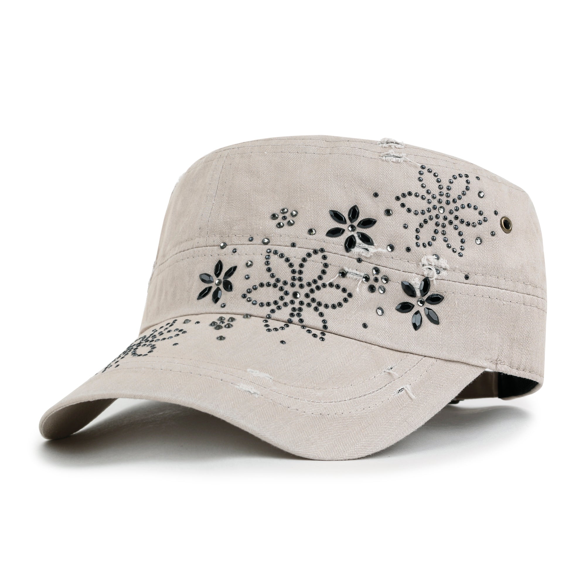 Crystal Gemstone Stud Flower Vintage Cotton Military Army Hat Cadet Cap