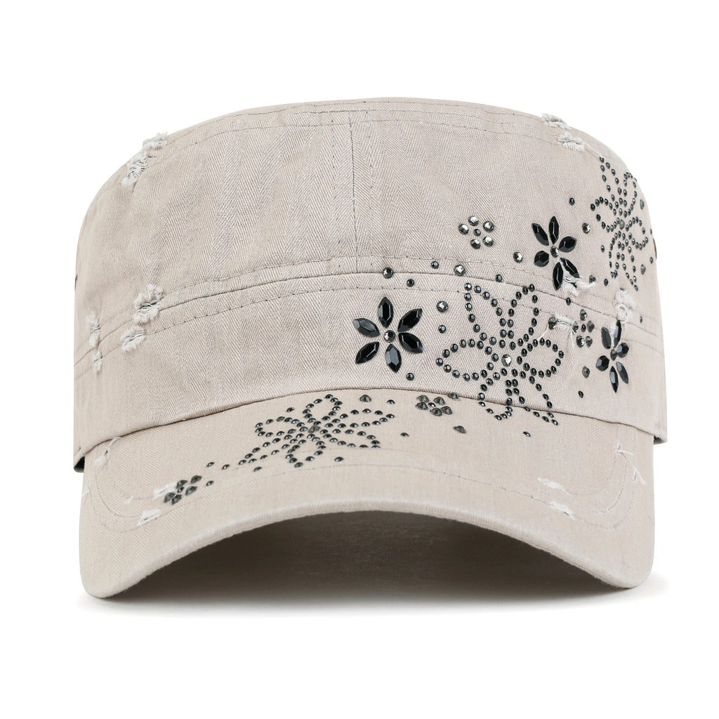 Crystal Gemstone Stud Flower Vintage Cotton Military Army Hat Cadet Cap