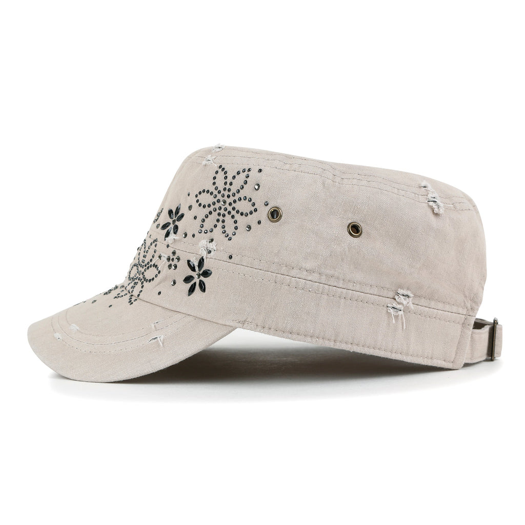 Crystal Gemstone Stud Flower Vintage Cotton Military Army Hat Cadet Cap