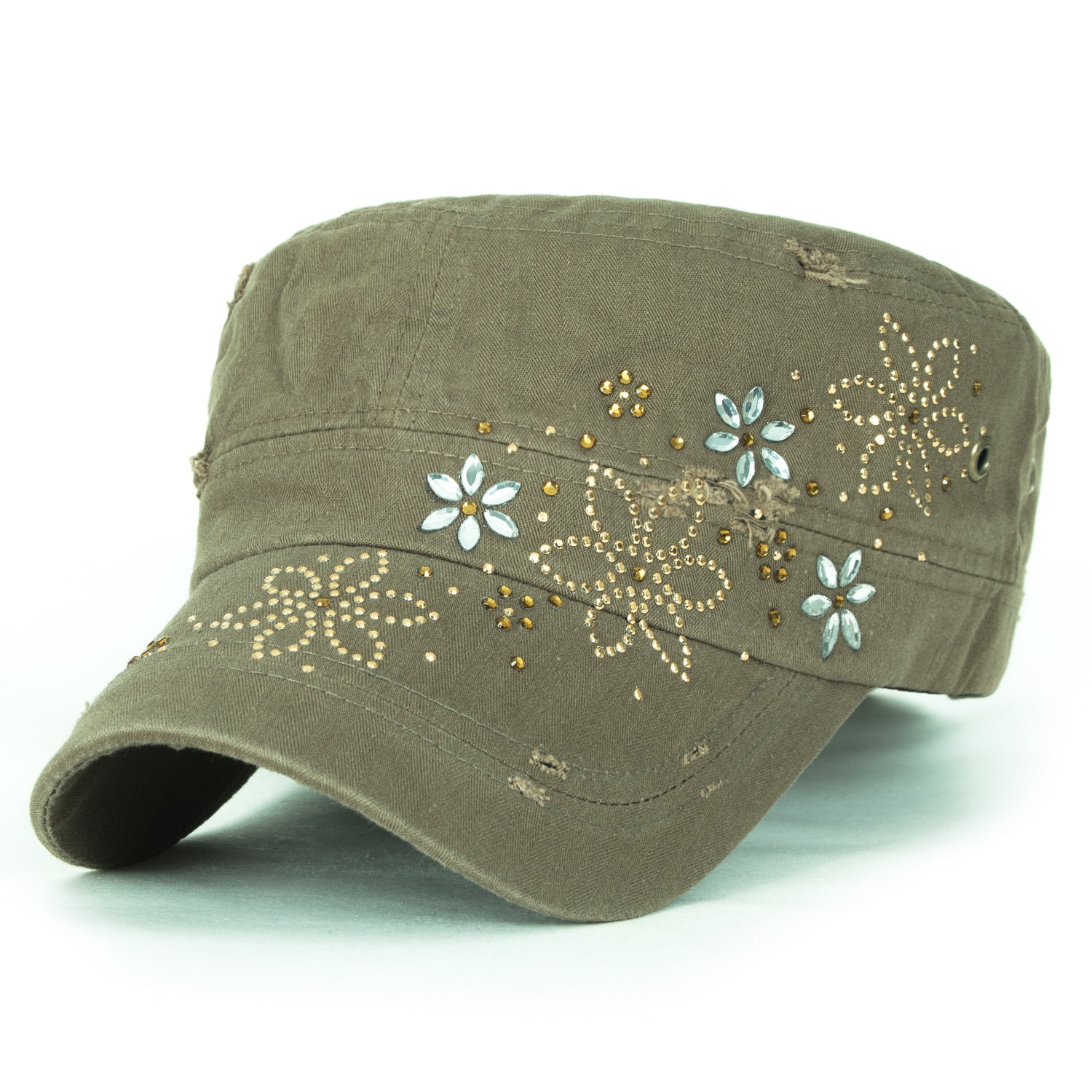 Crystal Gemstone Stud Flower Vintage Cotton Military Army Hat Cadet Cap