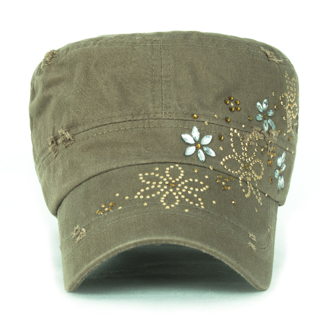 Crystal Gemstone Stud Flower Vintage Cotton Military Army Hat Cadet Cap