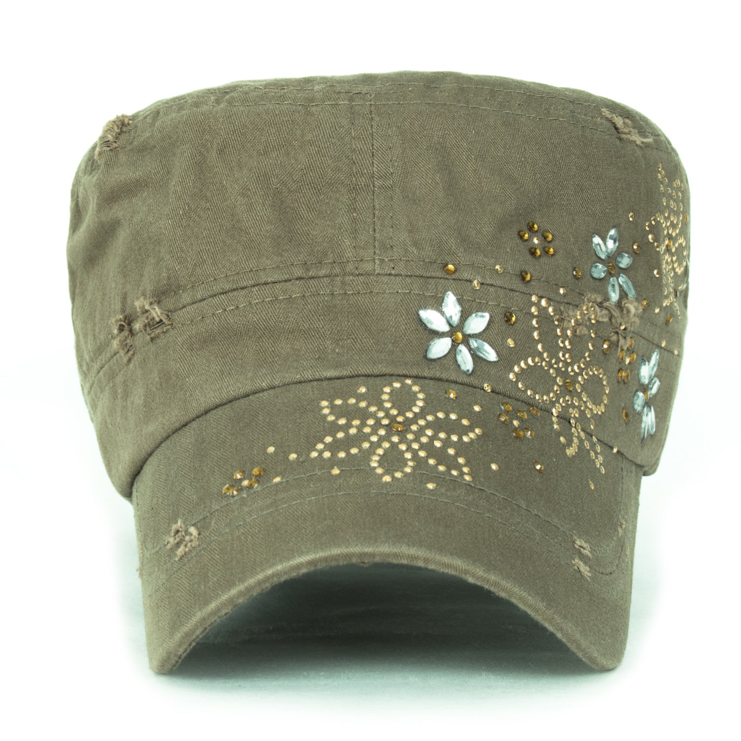 Crystal Gemstone Stud Flower Vintage Cotton Military Army Hat Cadet Cap